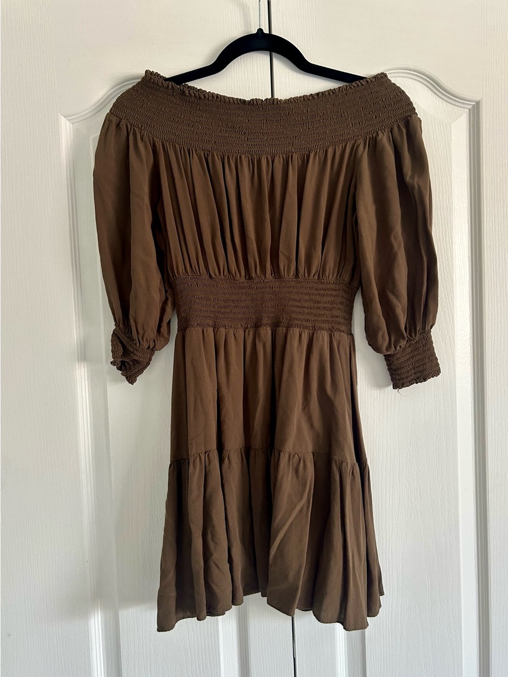 Gianni Bini Brown Off-Shoulder Smocked Waist Dress